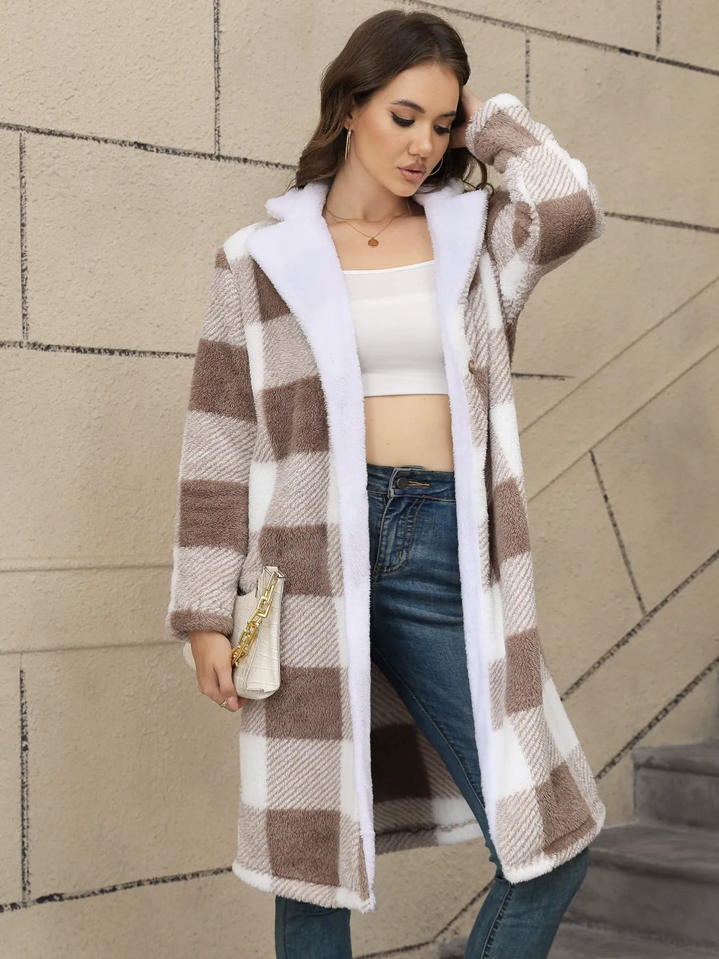 Retro Langschaftjacke mit Kapuze im Zweifarben-Karo