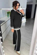 Revers-Anzug-Set in Uni-Farben mit Rippstrick-Streifen-Details