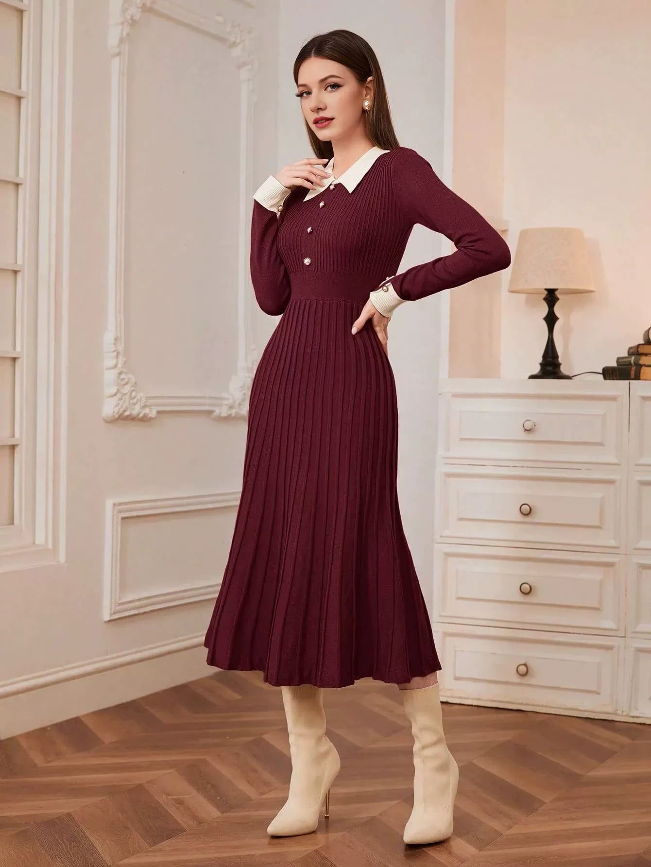 French Vintage Strickkleid im A-Line-Schnitt mit Langarm