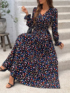 Wendige V-Ausschnitt Langarm-Maxi-Kleider mit Allover-Print für Herbst/Winter