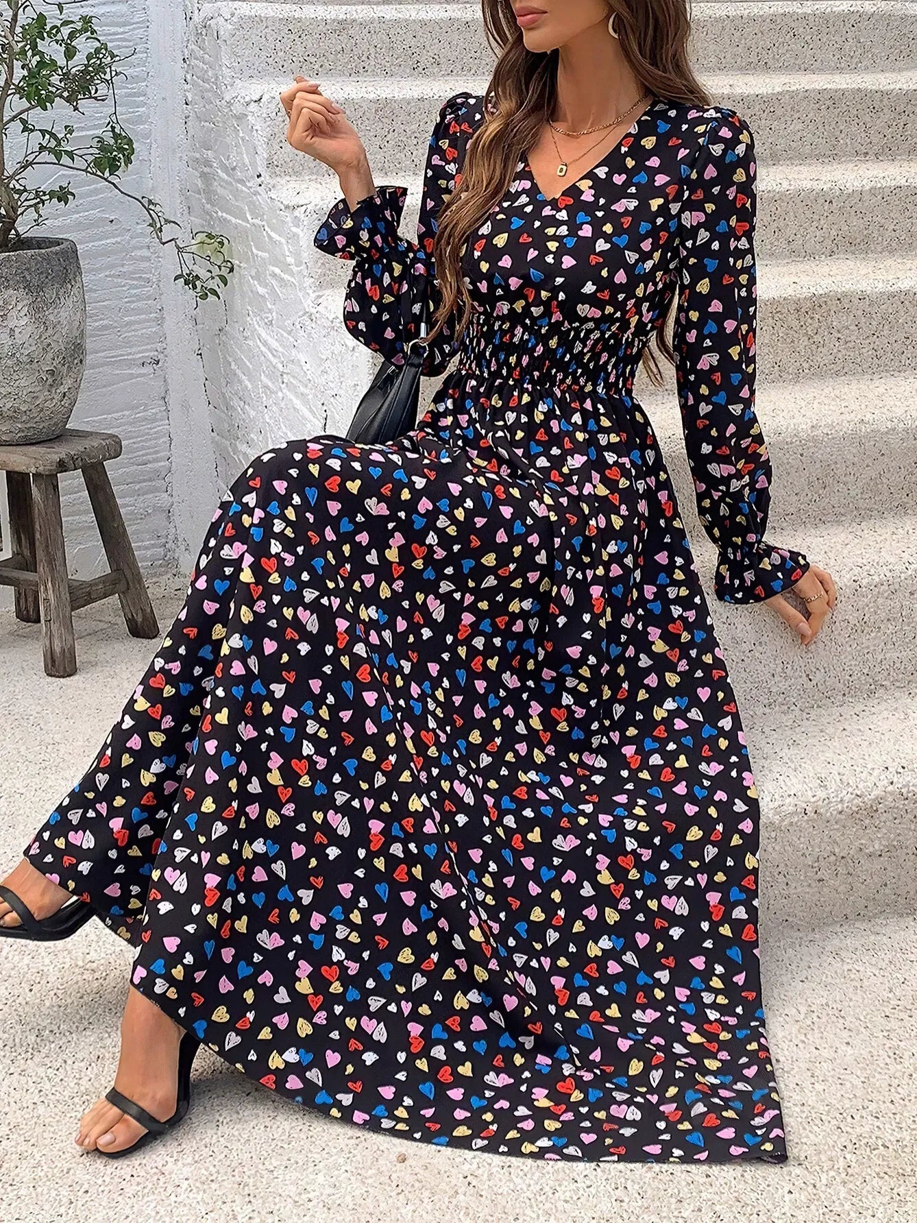 Wendige V-Ausschnitt Langarm-Maxi-Kleider mit Allover-Print für Herbst/Winter