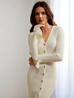 V-Ausschnitt Strickkleid mit knöpfiger Front