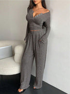 Herbst-Set: V-Ausschnitt Crop-Top mit Knopfleiste & Weithose