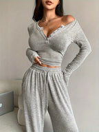 Herbst-Set: V-Ausschnitt Crop-Top mit Knopfleiste & Weithose