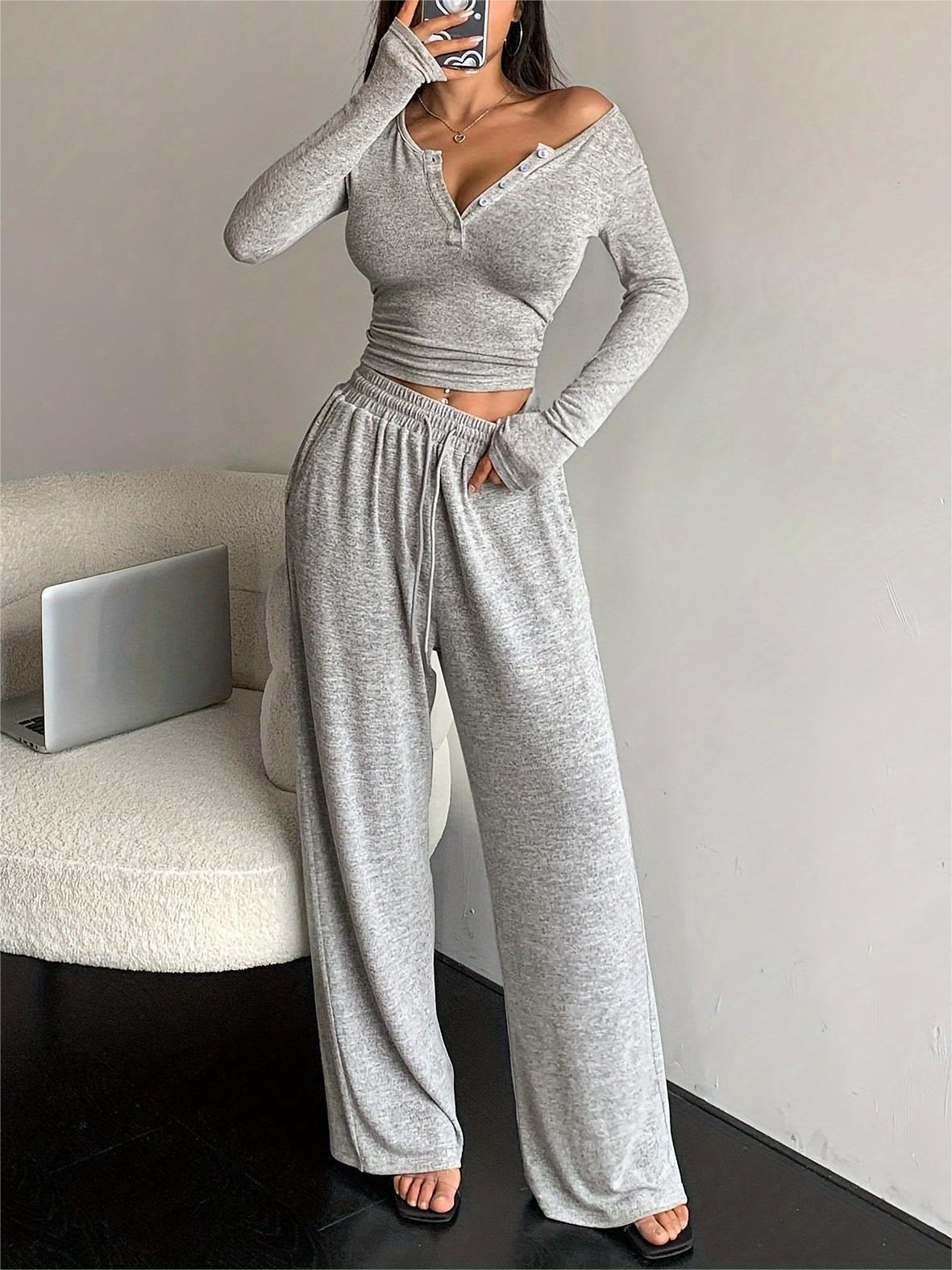 Herbst-Set: V-Ausschnitt Crop-Top mit Knopfleiste & Weithose