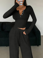 Herbst-Set: V-Ausschnitt Crop-Top mit Knopfleiste & Weithose