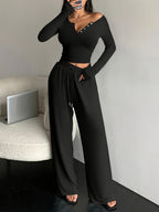 Herbst-Set: V-Ausschnitt Crop-Top mit Knopfleiste & Weithose