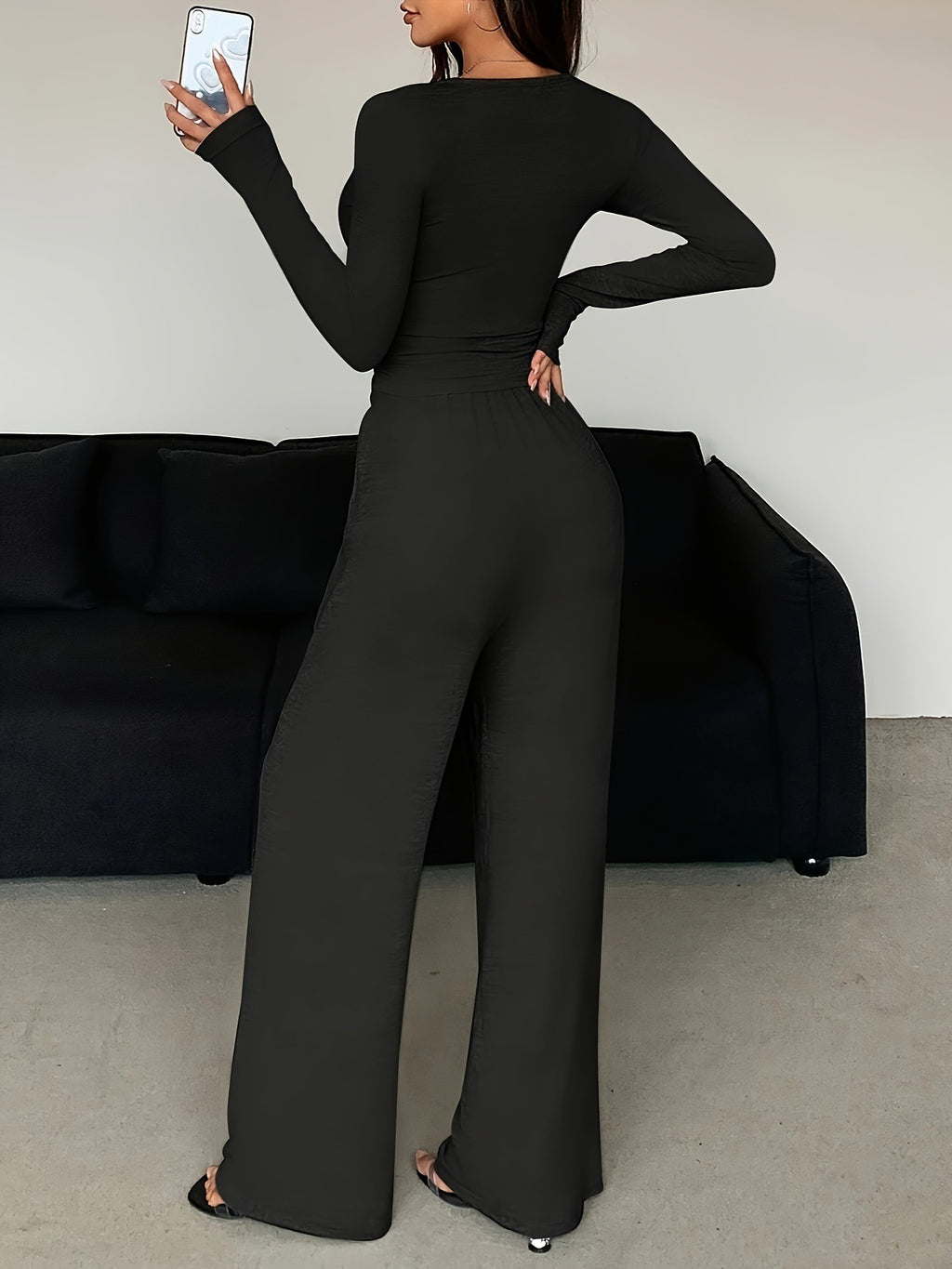 Herbst-Set: V-Ausschnitt Crop-Top mit Knopfleiste & Weithose
