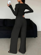 Herbst-Set: V-Ausschnitt Crop-Top mit Knopfleiste & Weithose