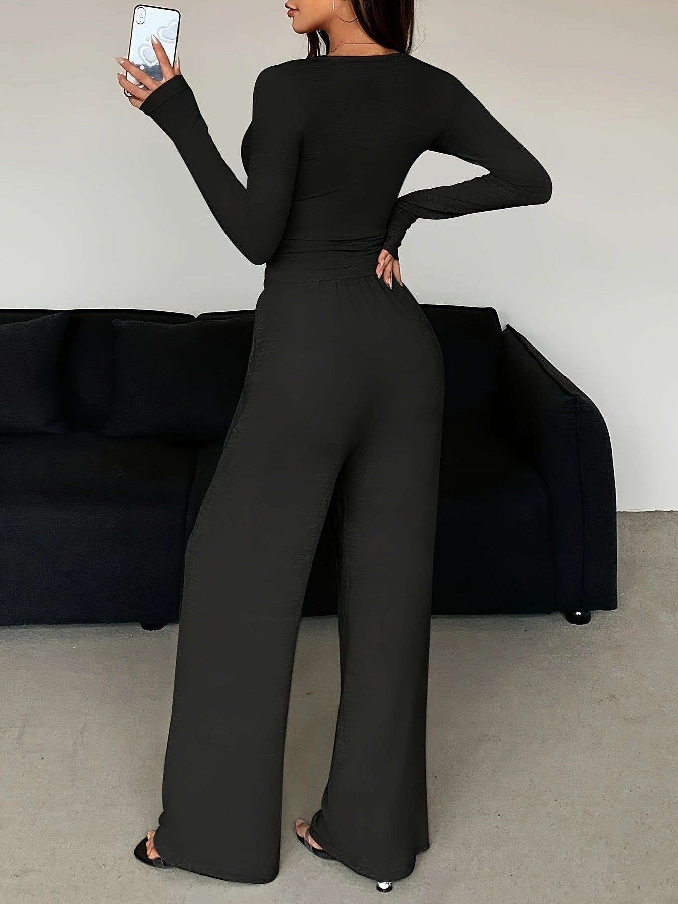 Herbst-Set: V-Ausschnitt Crop-Top mit Knopfleiste & Weithose