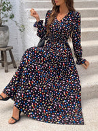 Wendige V-Ausschnitt Langarm-Maxi-Kleider mit Allover-Print für Herbst/Winter