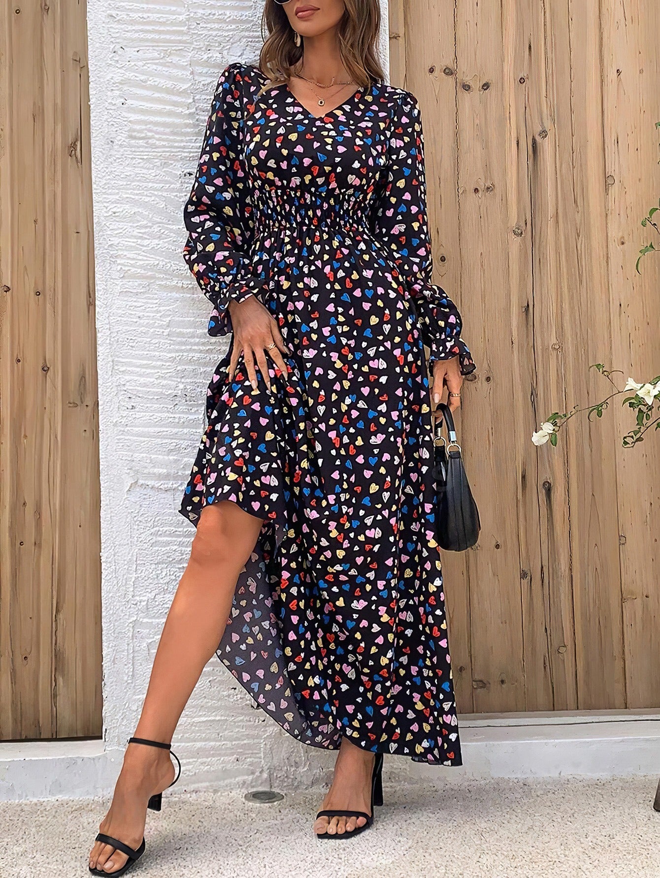 Wendige V-Ausschnitt Langarm-Maxi-Kleider mit Allover-Print für Herbst/Winter