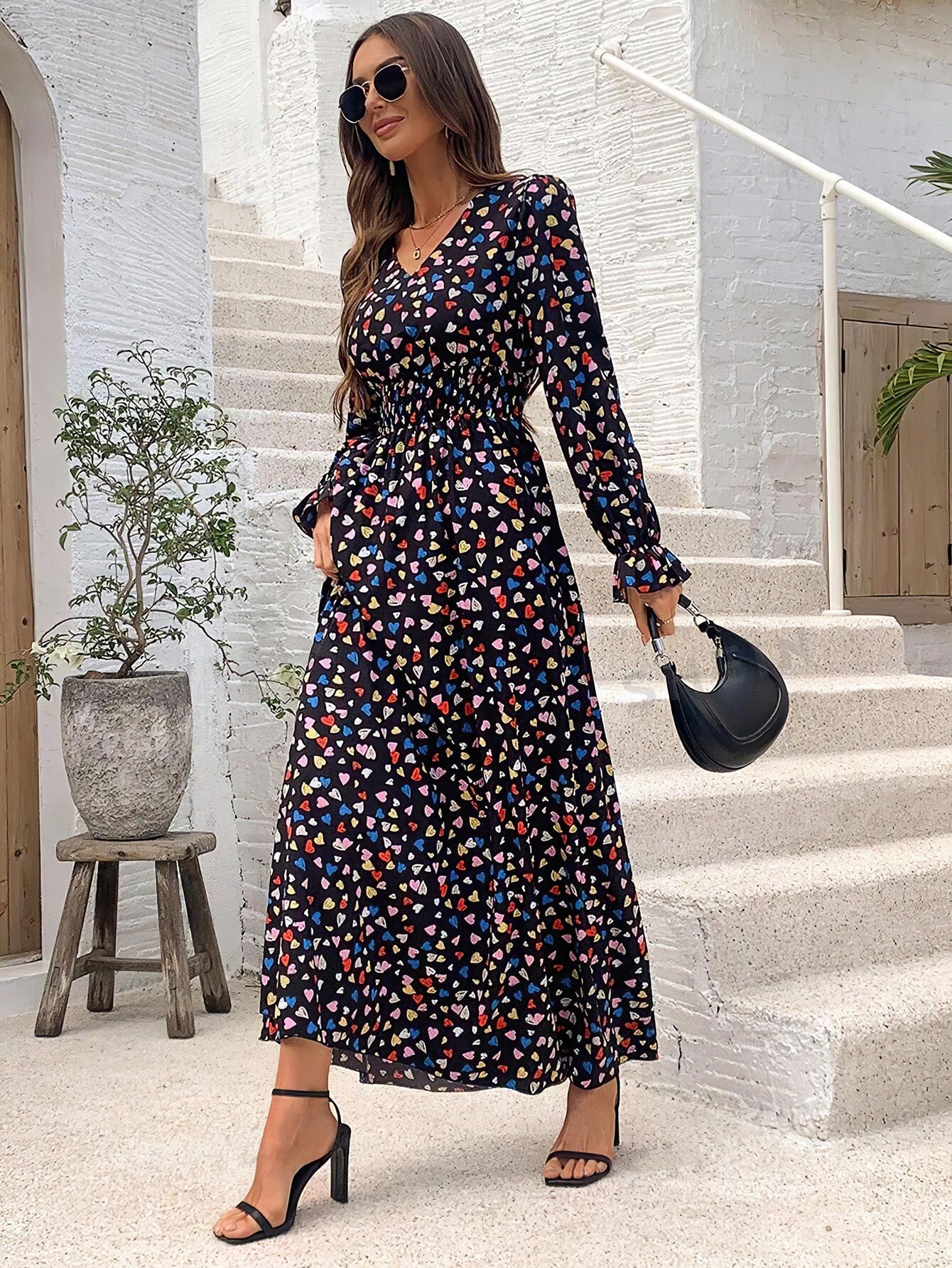 Wendige V-Ausschnitt Langarm-Maxi-Kleider mit Allover-Print für Herbst/Winter