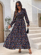 Wendige V-Ausschnitt Langarm-Maxi-Kleider mit Allover-Print für Herbst/Winter