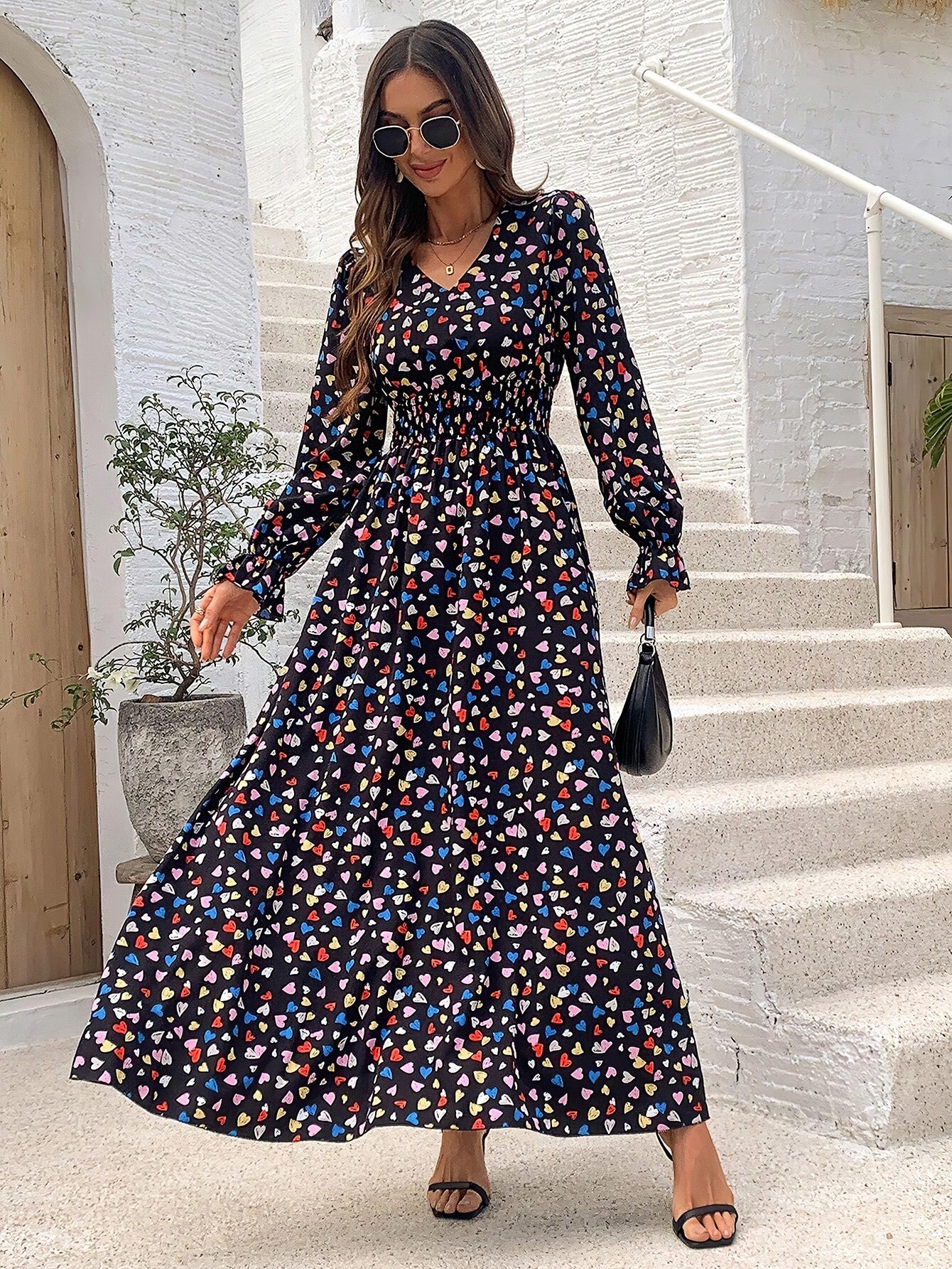 Wendige V-Ausschnitt Langarm-Maxi-Kleider mit Allover-Print für Herbst/Winter