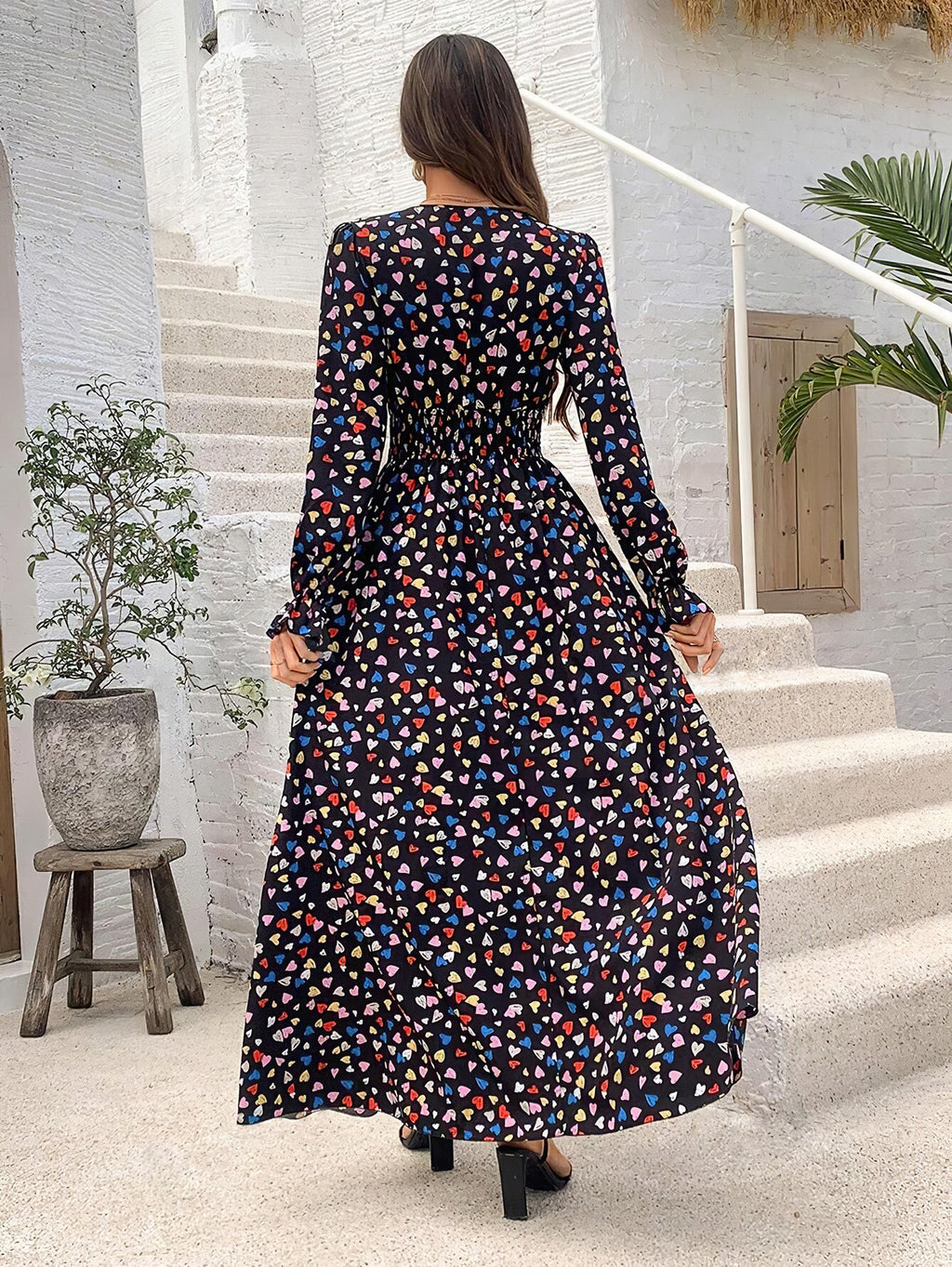 Wendige V-Ausschnitt Langarm-Maxi-Kleider mit Allover-Print für Herbst/Winter