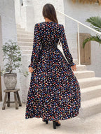 Wendige V-Ausschnitt Langarm-Maxi-Kleider mit Allover-Print für Herbst/Winter