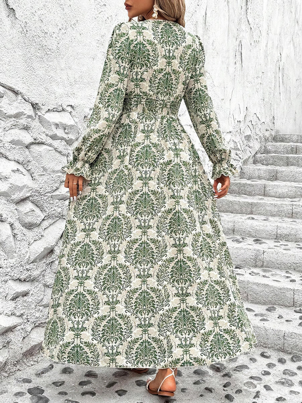 Wendige V-Ausschnitt Langarm-Maxi-Kleider mit Allover-Print für Herbst/Winter