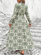 Wendige V-Ausschnitt Langarm-Maxi-Kleider mit Allover-Print für Herbst/Winter