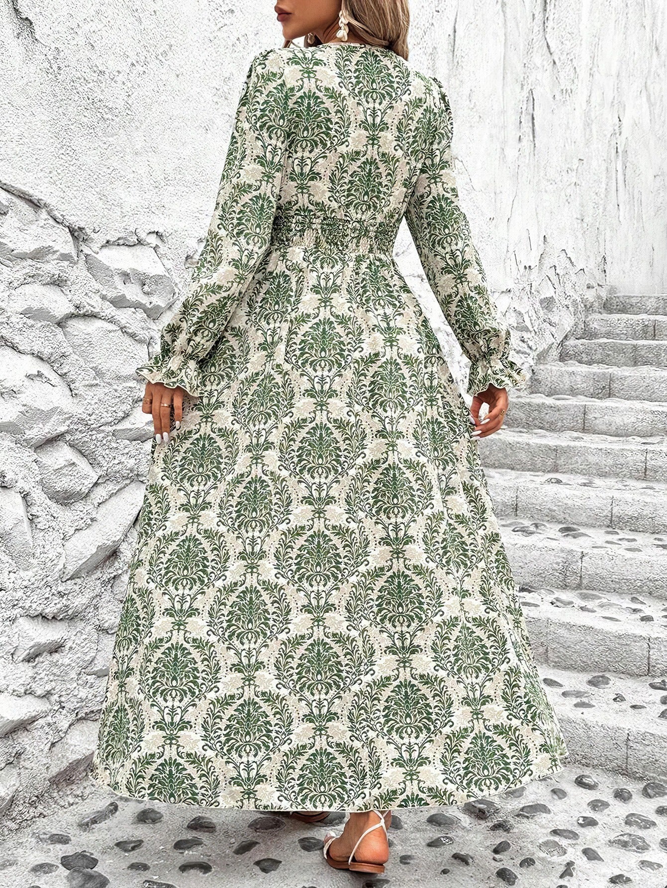Wendige V-Ausschnitt Langarm-Maxi-Kleider mit Allover-Print für Herbst/Winter