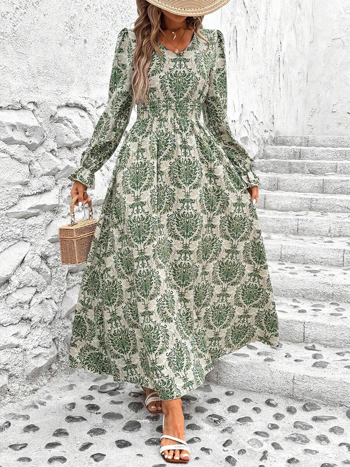 Wendige V-Ausschnitt Langarm-Maxi-Kleider mit Allover-Print für Herbst/Winter
