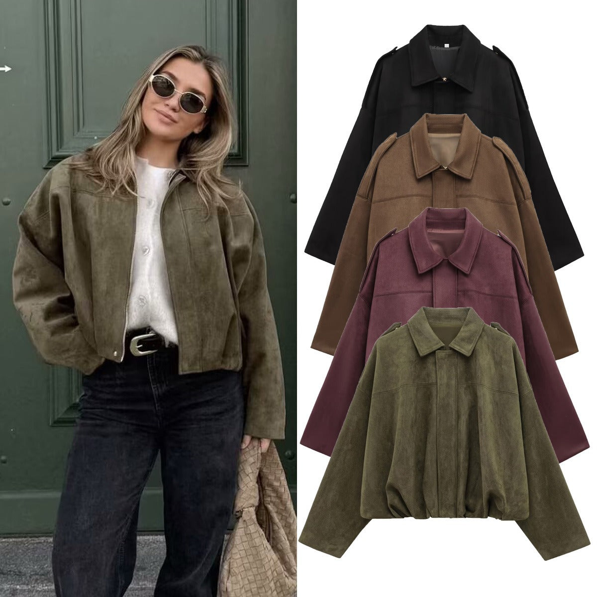 Baseballjacke mit Umlegekragen in Wildlederoptik