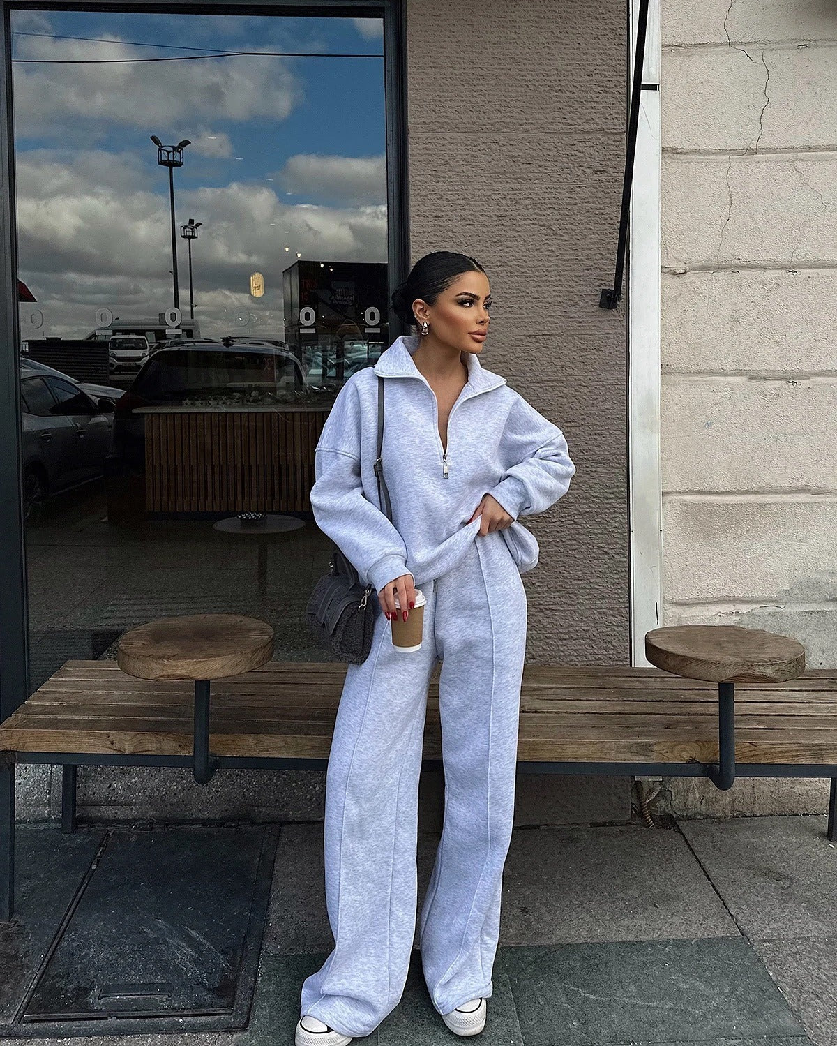 Mode Kapuzenpulli & Hose Set - Halbgeknöpft, Bequem & Oversized
