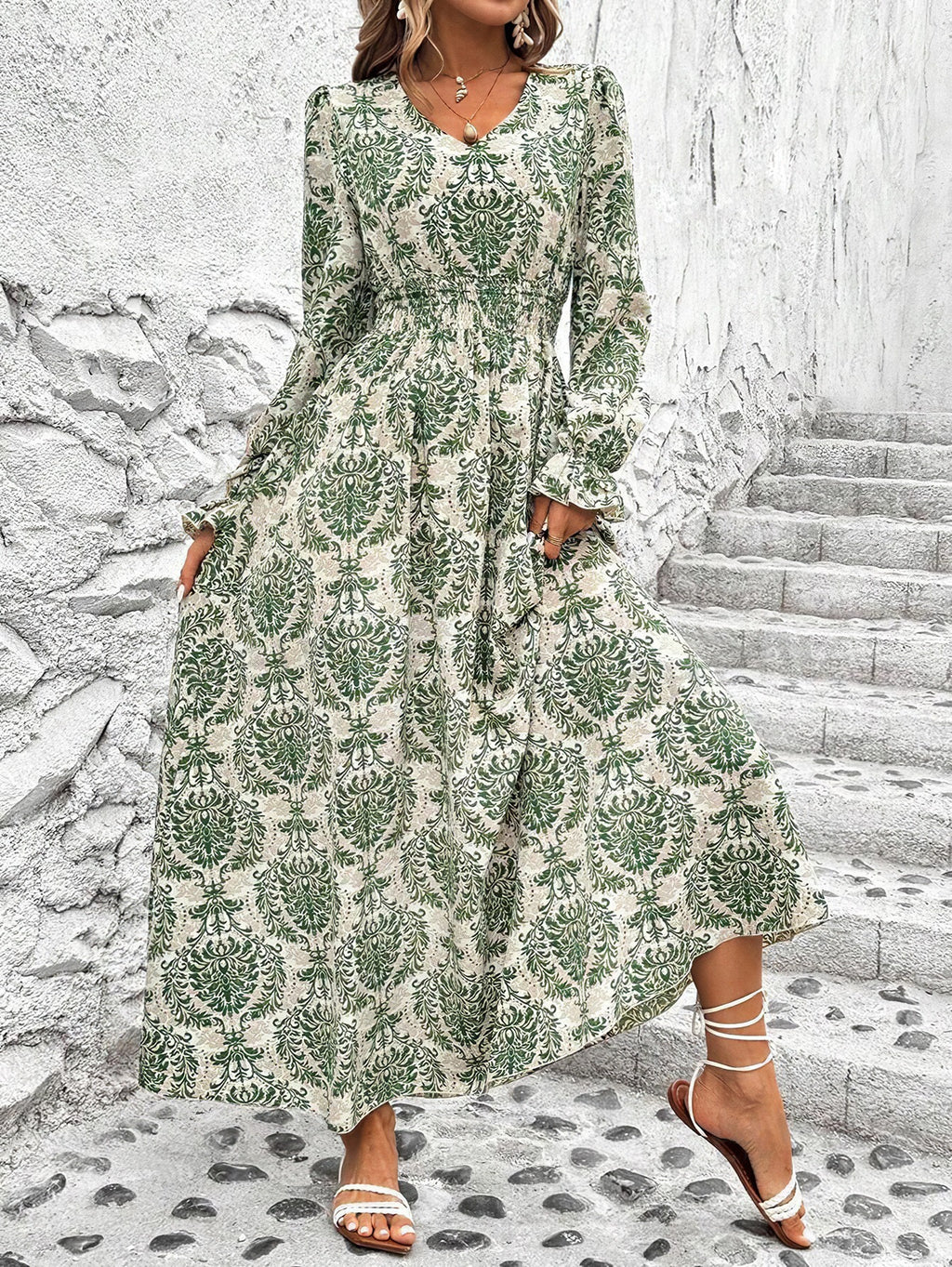 Wendige V-Ausschnitt Langarm-Maxi-Kleider mit Allover-Print für Herbst/Winter