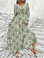 Wendige V-Ausschnitt Langarm-Maxi-Kleider mit Allover-Print für Herbst/Winter
