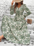 Wendige V-Ausschnitt Langarm-Maxi-Kleider mit Allover-Print für Herbst/Winter