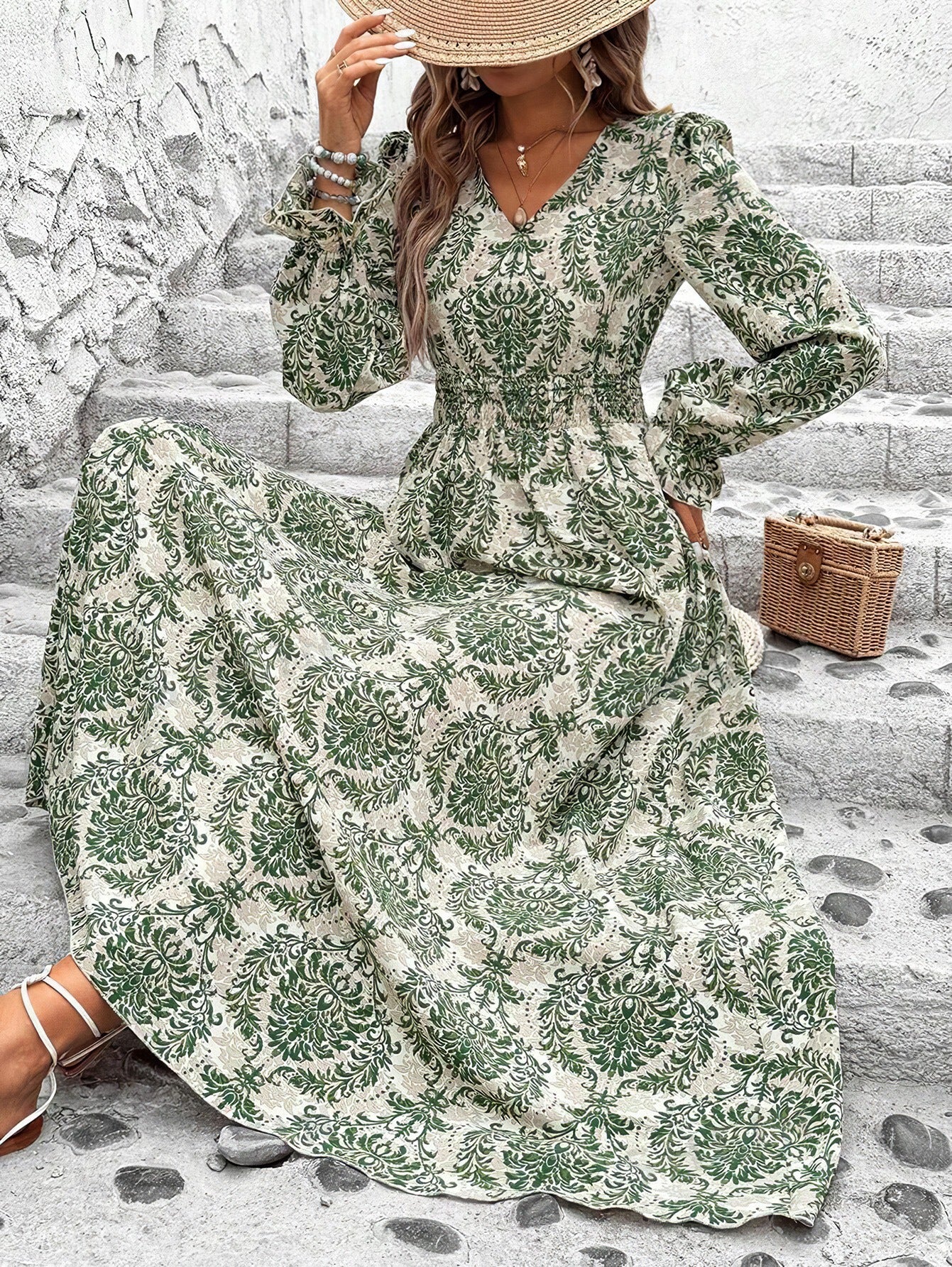 Wendige V-Ausschnitt Langarm-Maxi-Kleider mit Allover-Print für Herbst/Winter