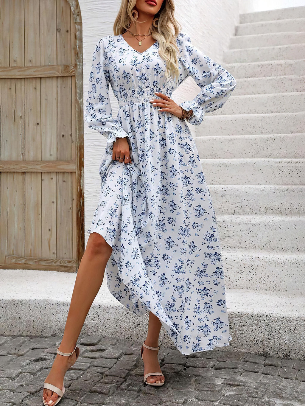 Wendige V-Ausschnitt Langarm-Maxi-Kleider mit Allover-Print für Herbst/Winter