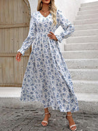 Wendige V-Ausschnitt Langarm-Maxi-Kleider mit Allover-Print für Herbst/Winter