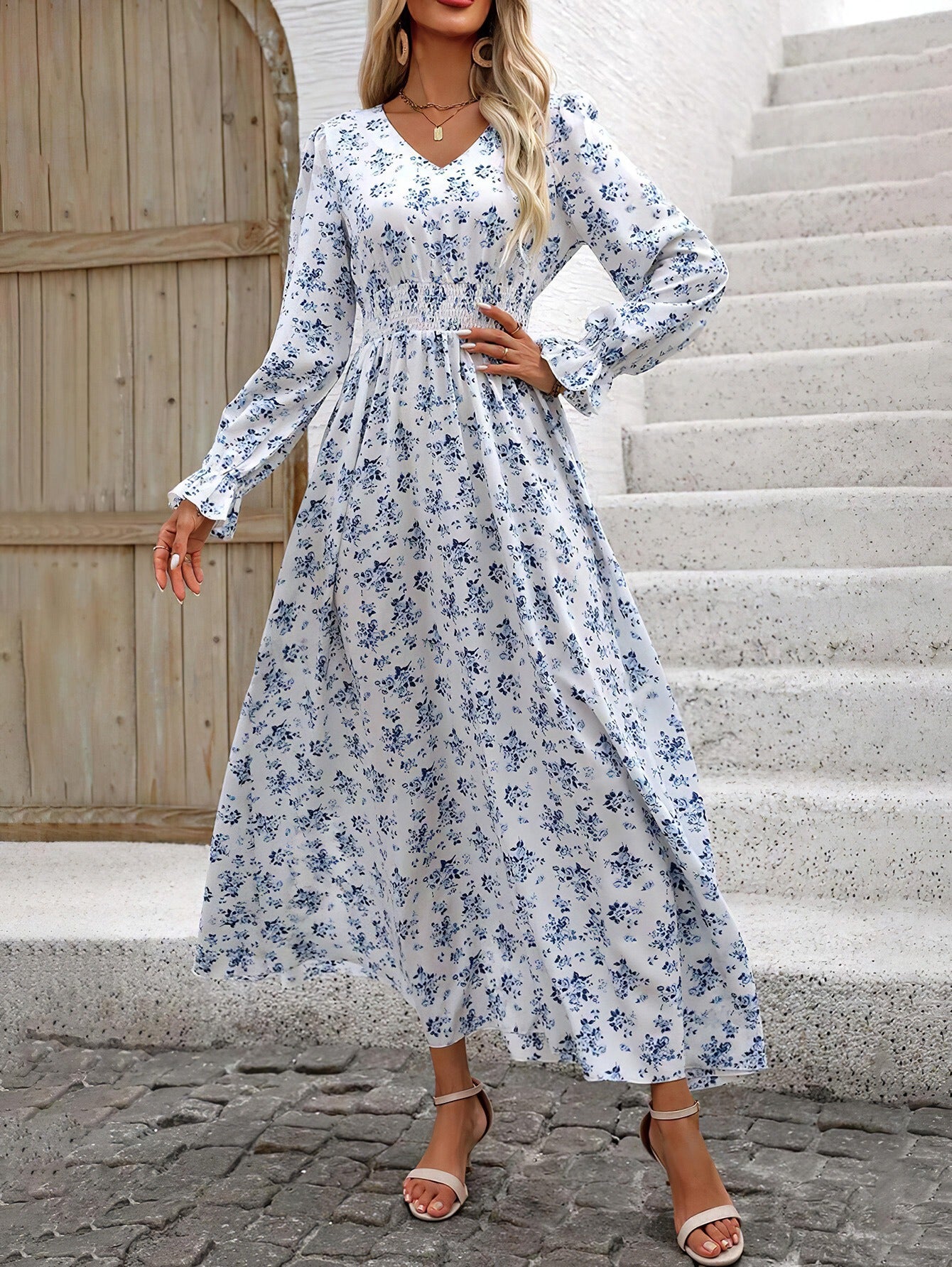 Wendige V-Ausschnitt Langarm-Maxi-Kleider mit Allover-Print für Herbst/Winter