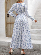 Wendige V-Ausschnitt Langarm-Maxi-Kleider mit Allover-Print für Herbst/Winter