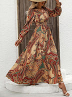 Wendige V-Ausschnitt Langarm-Maxi-Kleider mit Allover-Print für Herbst/Winter
