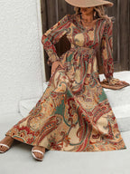 Wendige V-Ausschnitt Langarm-Maxi-Kleider mit Allover-Print für Herbst/Winter