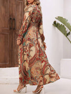 Wendige V-Ausschnitt Langarm-Maxi-Kleider mit Allover-Print für Herbst/Winter