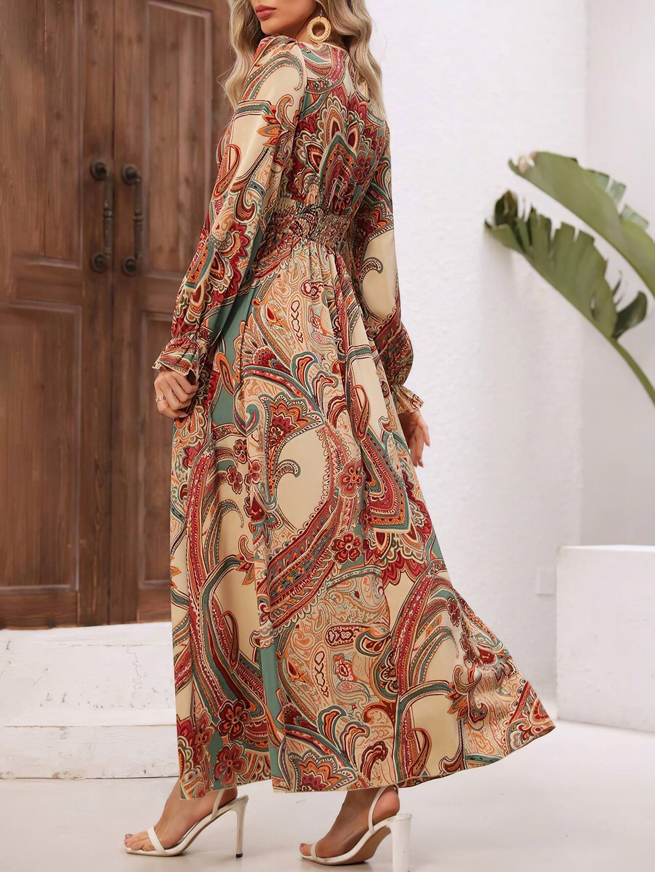 Wendige V-Ausschnitt Langarm-Maxi-Kleider mit Allover-Print für Herbst/Winter